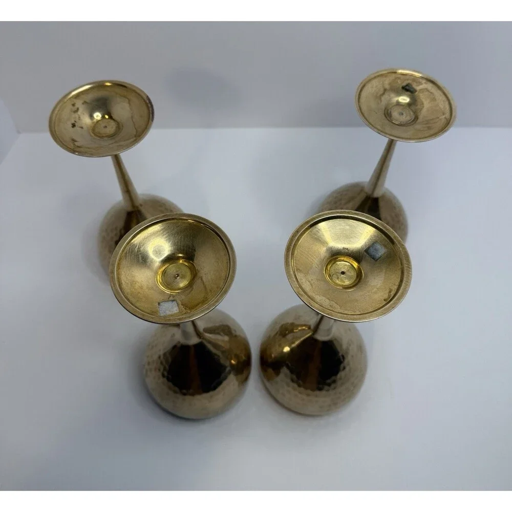 Vintage Hammered Solid Brass‎ Wine Goblets 7.5” Set Of 4 Made In India. Polished